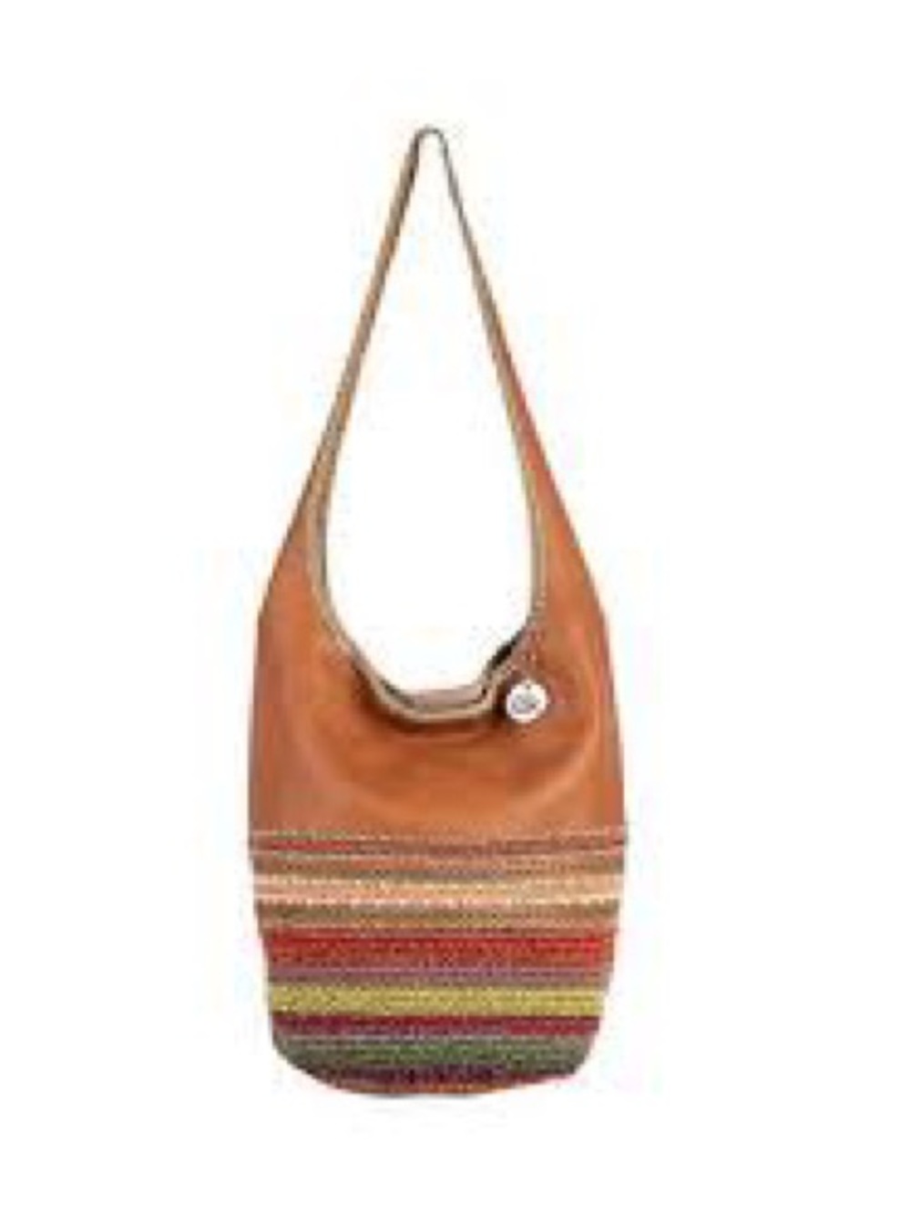 Leather Shoulder Hobo Bag with Multicolor Woven Base - Tan